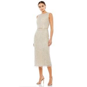 Mac Duggal 14 nude Sleeveless High Neck Beaded Midi Sheath Dress dangling sequin